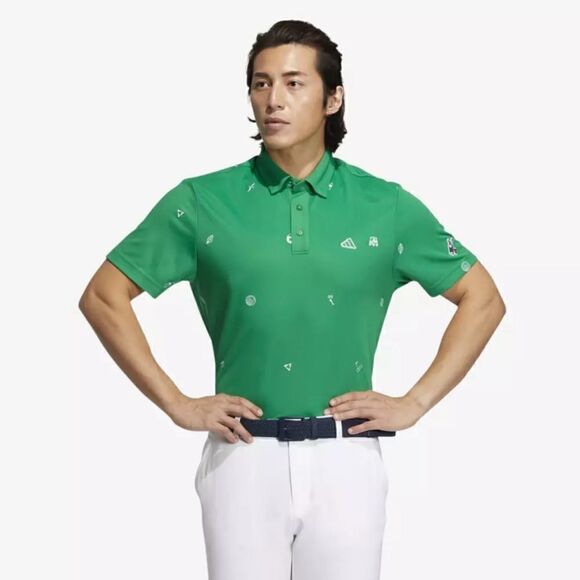 adidas Polo Golf Green SS All Over Monogram Embroidery Stretch - Picture 1 of 9